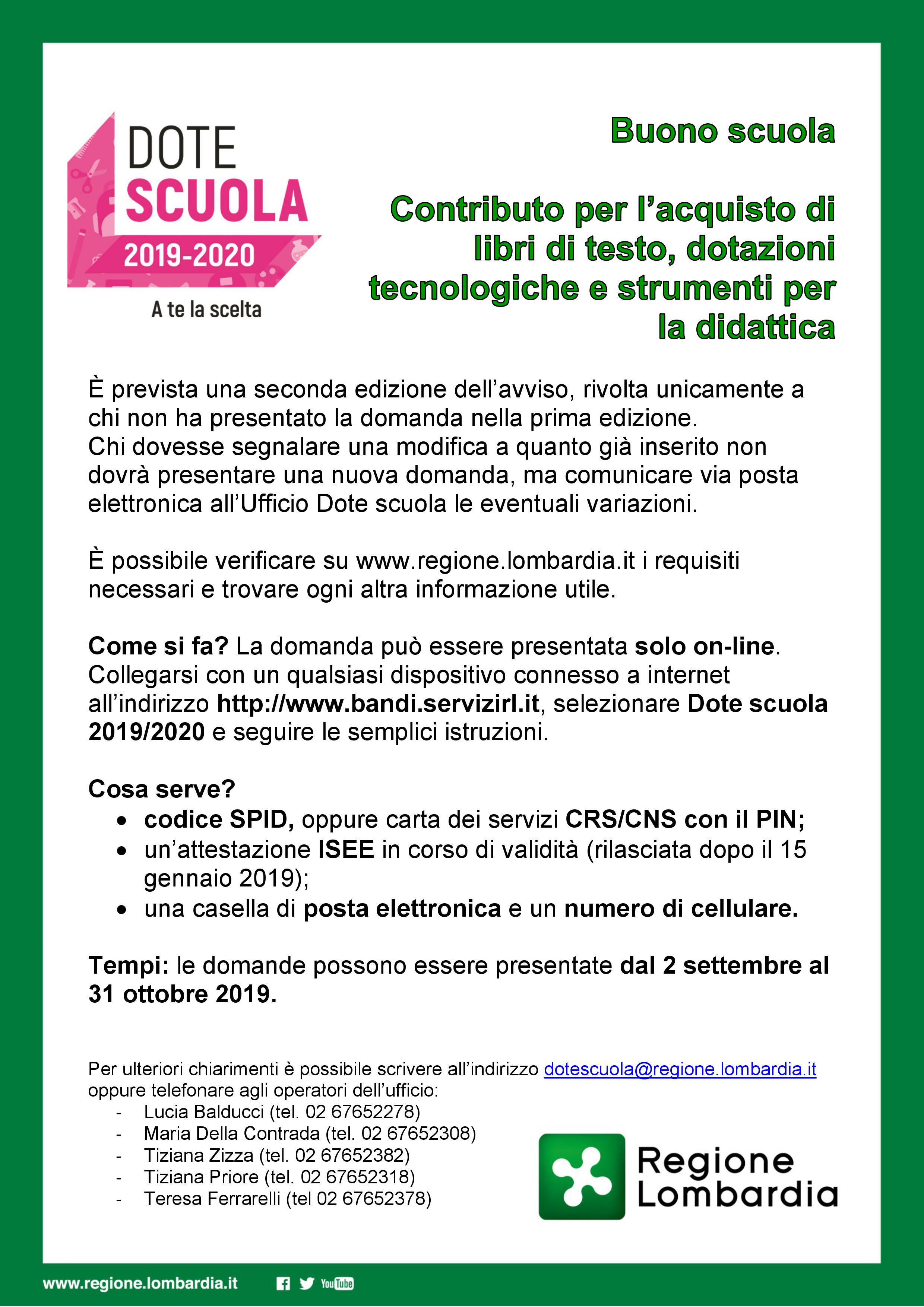 RIAPERTURA DOTE SCUOLA 2019/2020 e INDICAZIONI PER L'UTILIZZO DEI BUONI