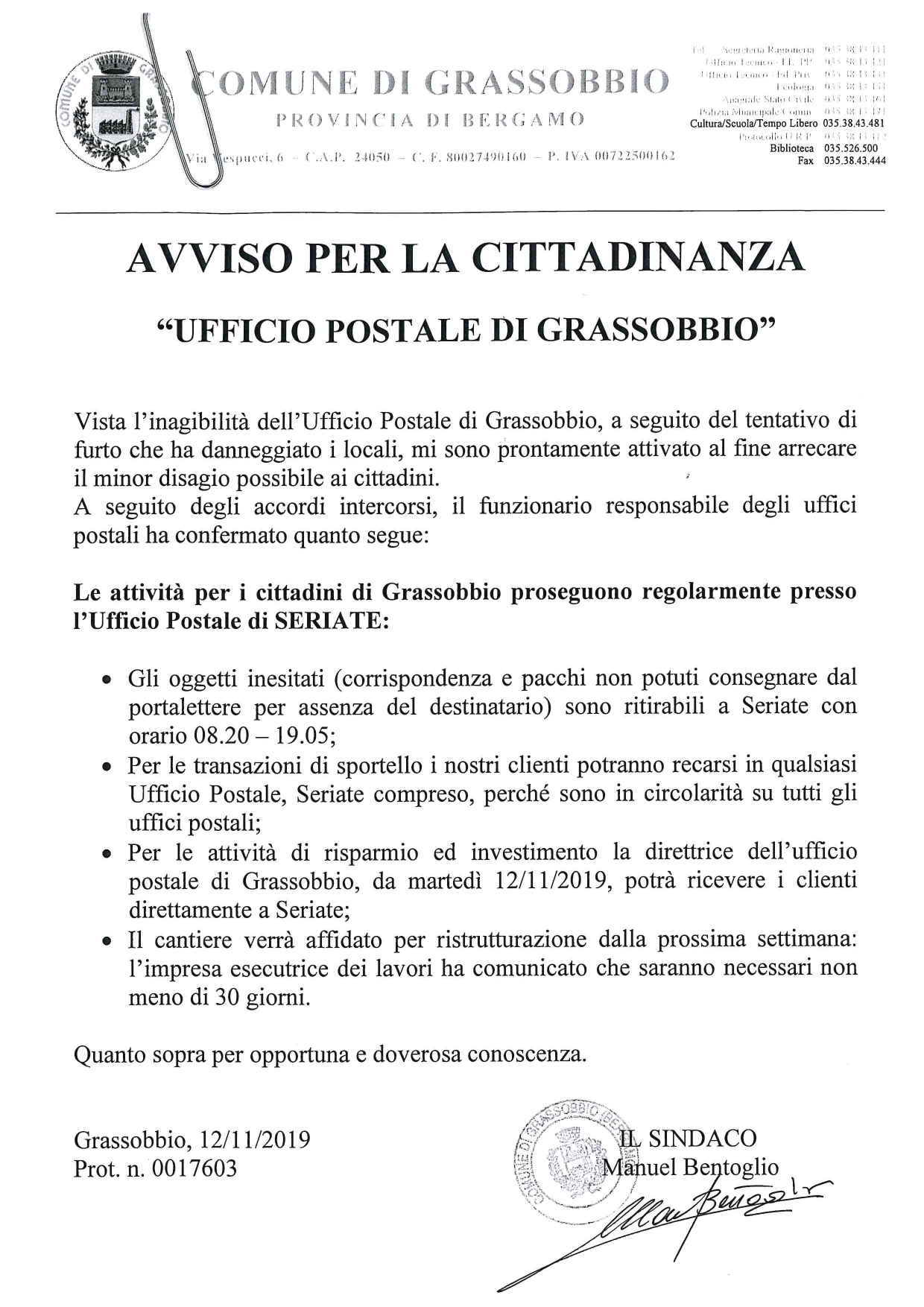 Avviso Ufficio Postale di Grassobbio