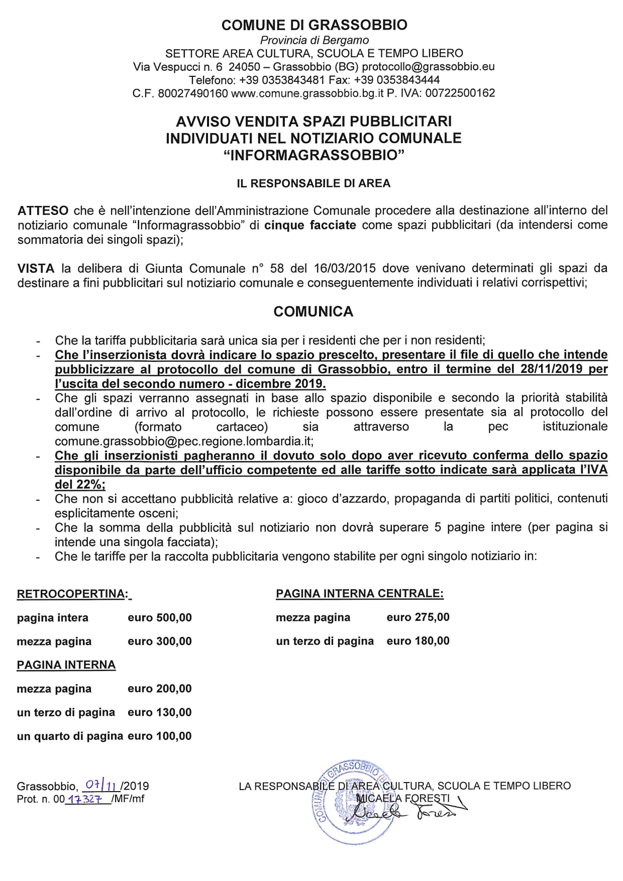 Avviso vendita spazi pubblicitari Informagrassobbio - dicembre 2019