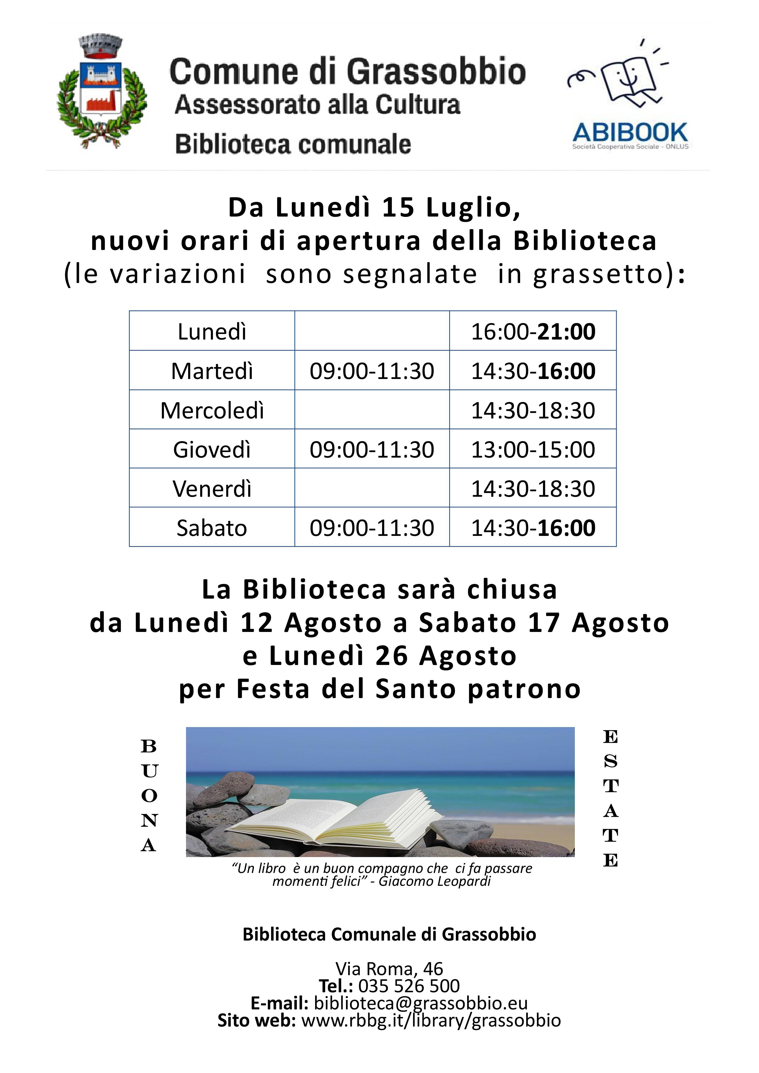 Biblioteca Comunale di Grassobbio: nuovi orari di apertura Biblioteca Comunale di Grassobbio: nuovi orari di apertura