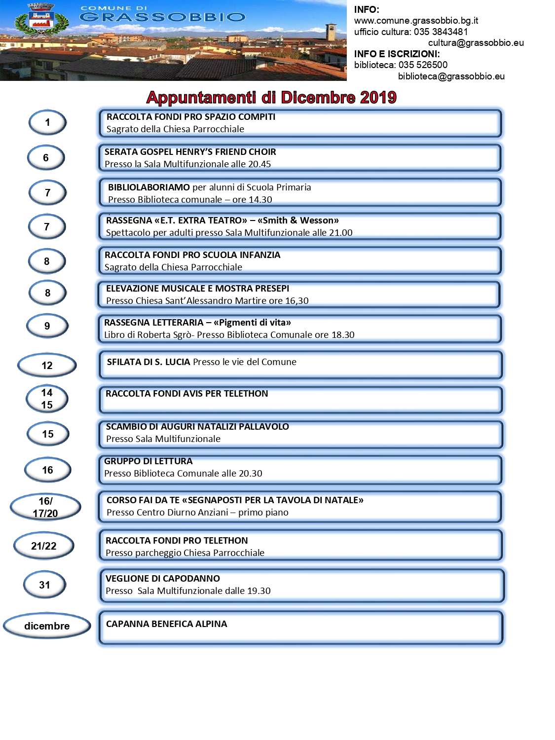 Calendario attività sul territorio Dicembre 2019
