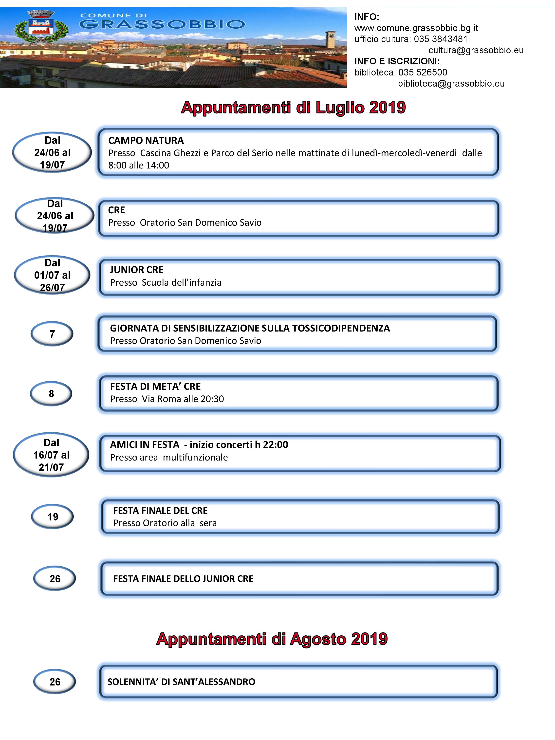 Calendario attività Luglio - Agosto 2019 foto 