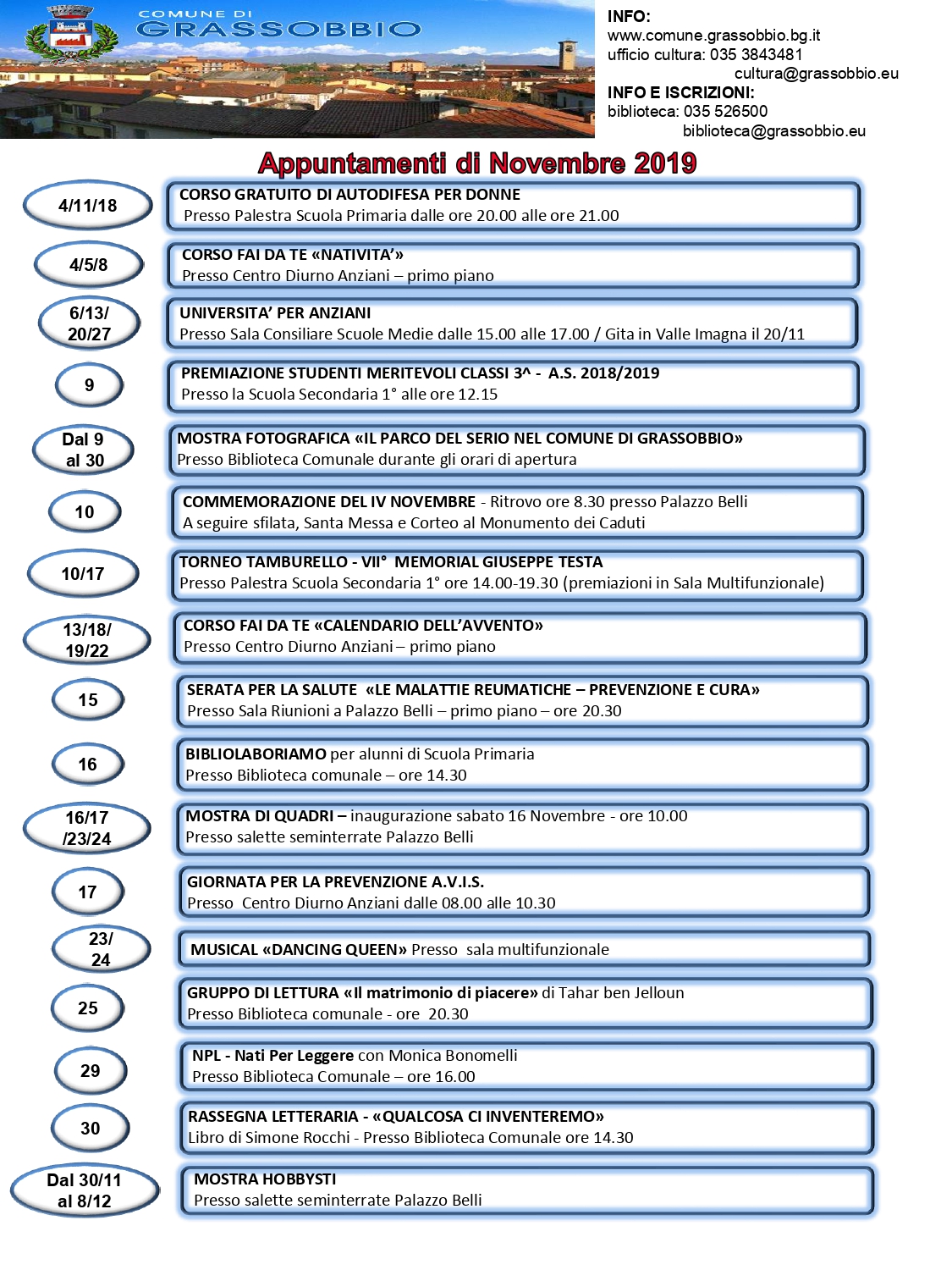 Calendario attività sul territorio Novembre 2019