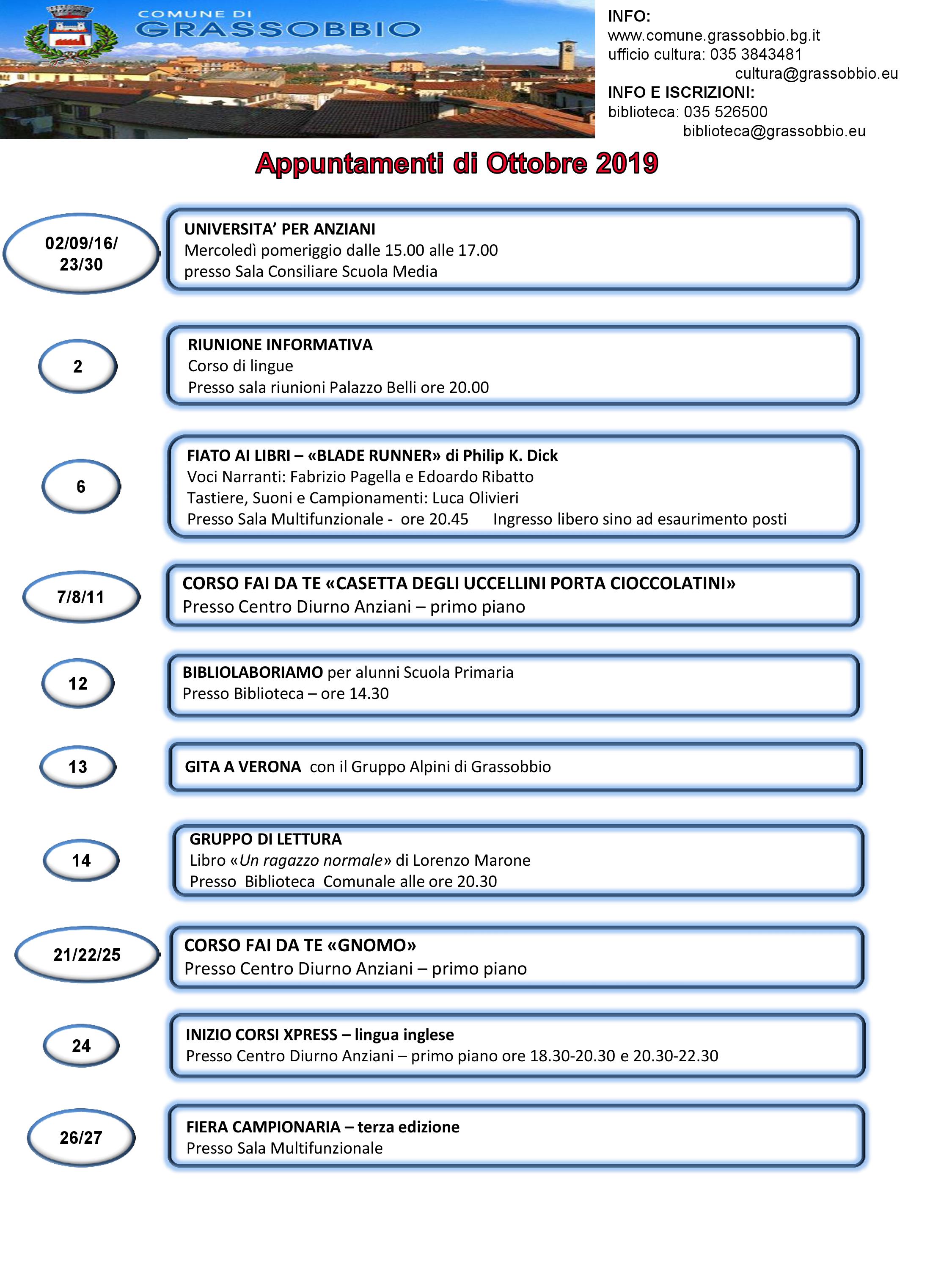 Calendario attività sul territorio Ottobre 2019