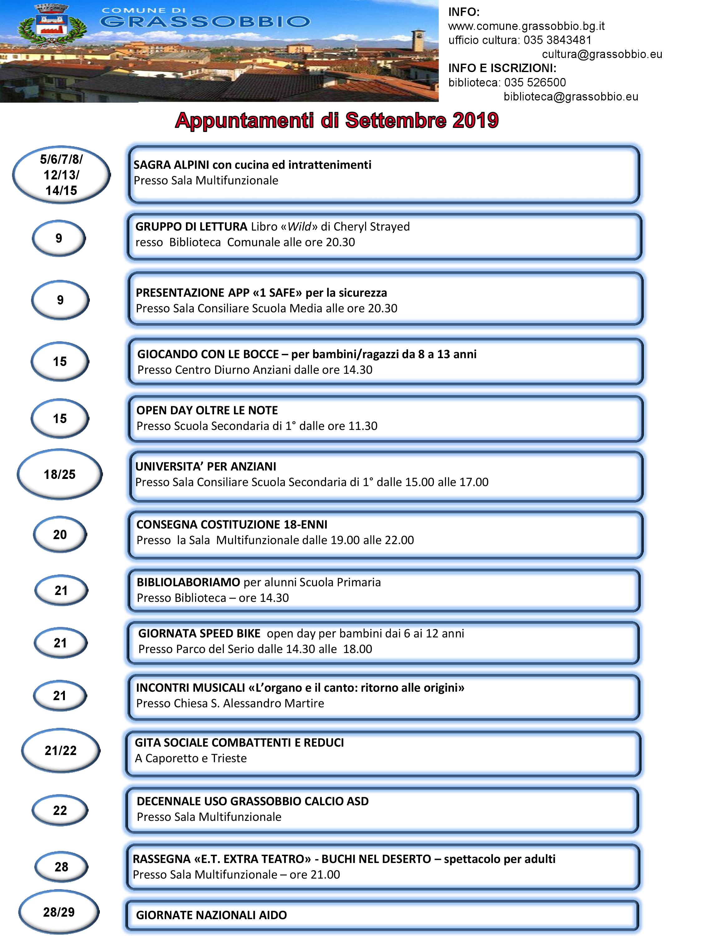 Calendario attività sul territorio Settembre 2019